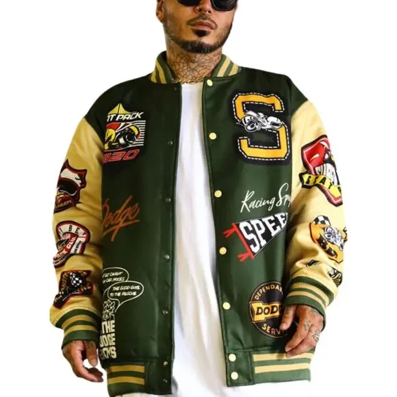 Reason x Dodge Scatpack Varsity Jacket Men Large Green Khaki Letterman Bomber - Picture 14 of 15